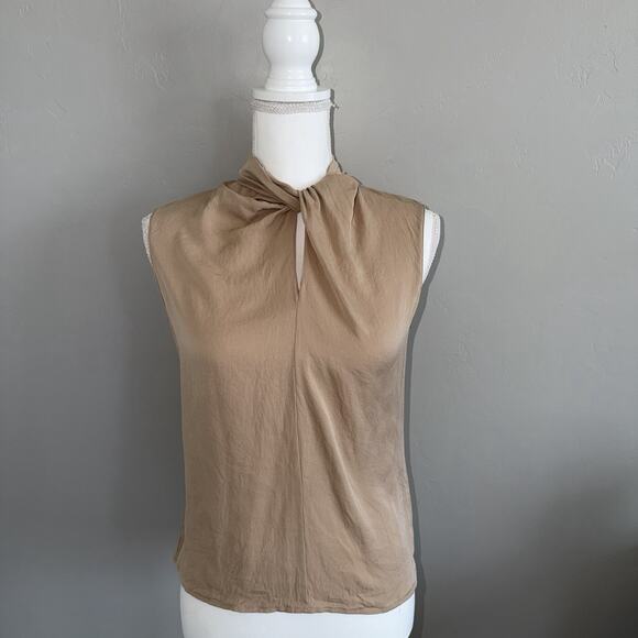 VTG 90s Casual Corner Stretch Silk Blend Blouse Sz 6 Tan Knot-neck Sleeveless - Picture 1 of 11